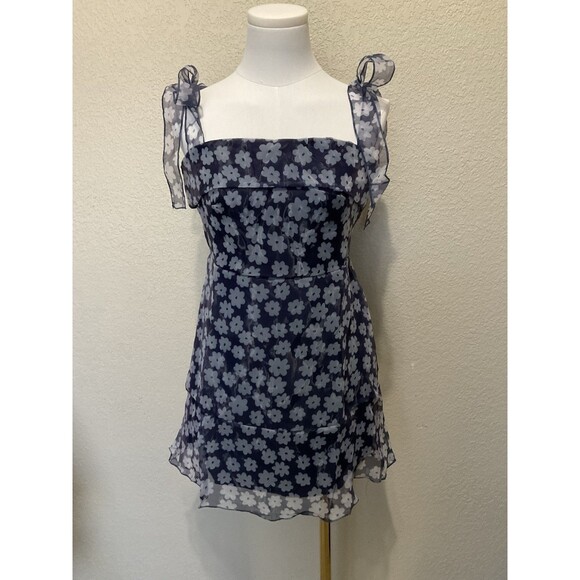 Dresses & Skirts - Women’s, Short Dress, Tie Shoulders, Navy Blue, Light Blue Flowers, Size: S